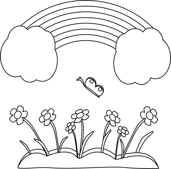 Black And White Happy Rainbow Scene - Black And White Rainbow And Flowers Clipart (550x544)