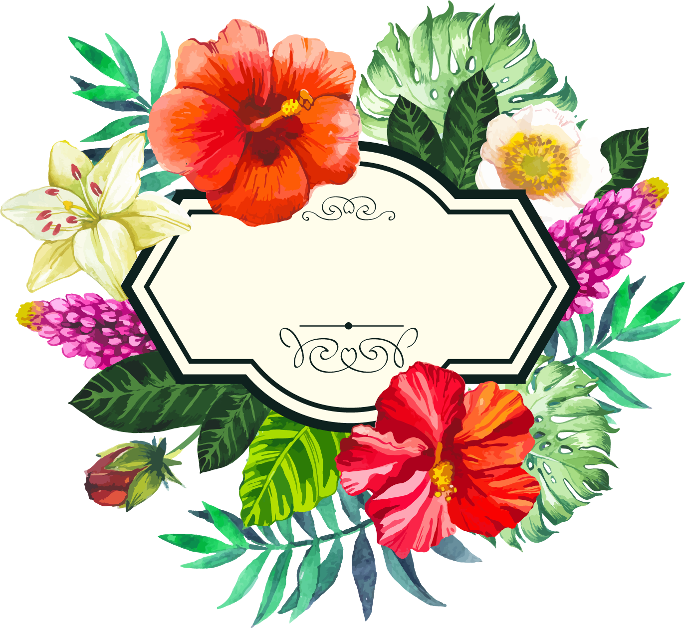 Flower Picture Frame Clip Art - Free Vector Tropical Flowers (1373x1259)