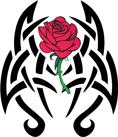 Beautiful Red Rose With Black Tribal Design Tattoo - Skull And Roses Tattoo (400x455)