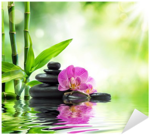 Orchids Black Stones And Bamboo On Water Sticker • - Orchids Water Bamboos (400x400)