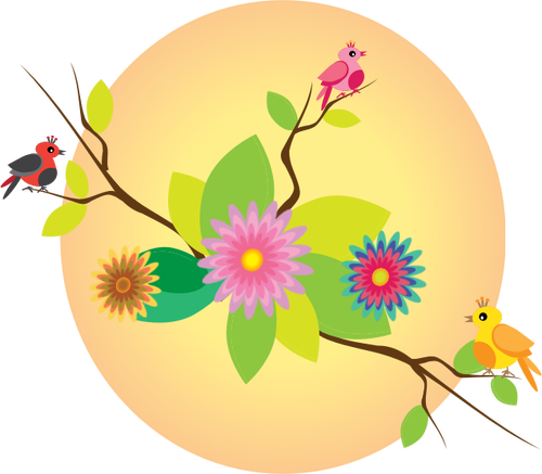 Burung Dan Bunga Di Bawah Matahari Ilustrasi - Clipart Flowers Butterflies Birds Sun (500x437)