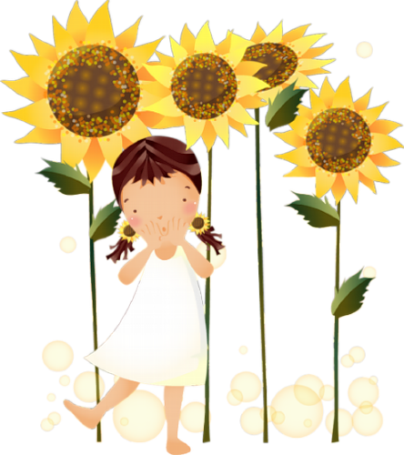 Flower Girls, Sunflowers, Brunettes, Seeds, Clip Art, - 向日葵 卡通 (450x507)