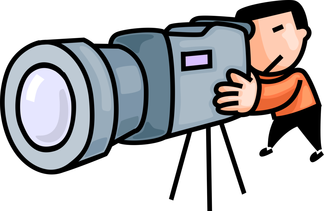 Vector Illustration Of Cameraman Films Scene With Videocamera - Video Camera (1071x700)