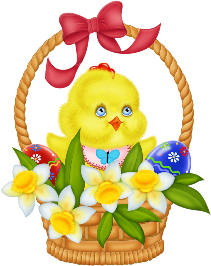 Easter Basket With Eggs Chicken And Daffodils Png Picture - Easter And Chicken Png (730x950)