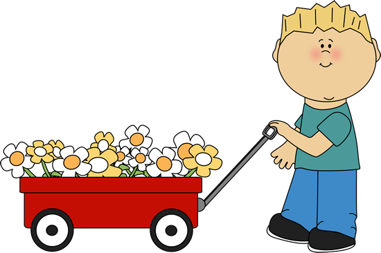 Boy With Flower Filled Wagon - Boy With Flowers Clipart (550x366)