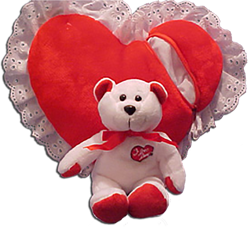 Back Of I Love Lucy Red Heart Pillow With Lace Trim - Love Teddy Bear Transparent Png (1016x925)