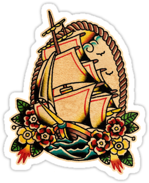 Old School Sailing Ship Tattoo - Old School Tattoo Sticker (375x360)