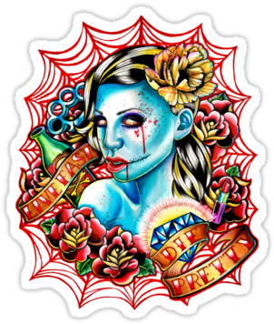 Traditional Zombie Girl With Roses Ans Banners On Net - Pendentif Bronze Cabochon - Gothic Wife ( 223 ) (375x360)