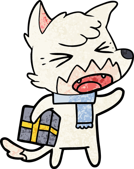 Angry Cartoon Fox With Gift - Christmas Wolf Cartoon (437x550)