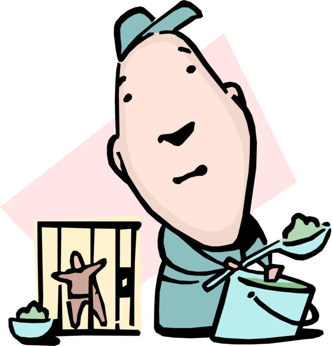 Vector Illustration Of Prison Guard Serves Slop To - Vector Illustration Of Prison Guard Serves Slop To (671x700)
