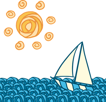Sun Boat Wave Journey Blue Yellow Sailing - Boat On Wave Png (354x340)