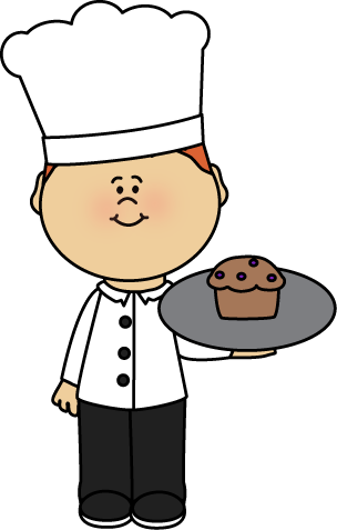 Chef With Muffin Clip Art - Chef With A Cake Clipart (304x477)