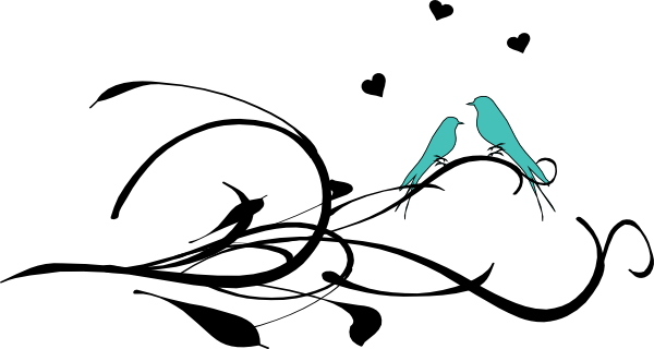 Love Birds On A Branch Aqua - Flowers And Birds Heart Wall Art Sticker Decal, Black, (600x320)
