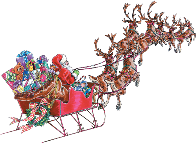 Santa And His Sleigh Png For Kids - Santa Flying Reindeer Png (640x468)
