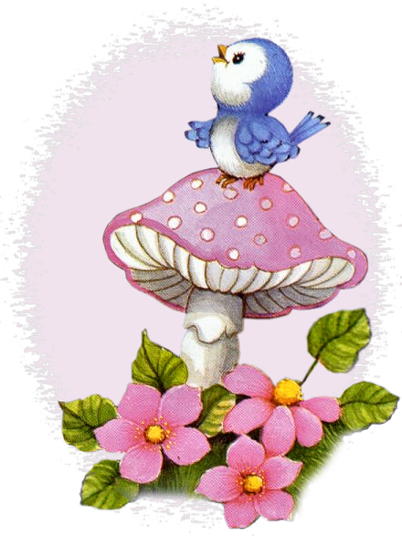 Cute Mauve & Purple Mushroom Robin Flowers Bird Illustration - Awesome Glitter Graphics (440x587)