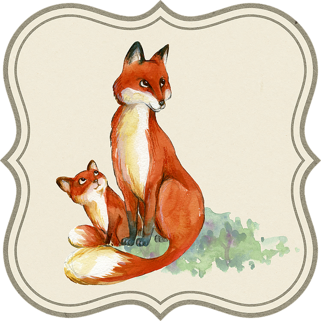 Jackal, Animal, Baby, Nature, Tag, Label, Drawing - Fox Mom And Baby (640x640)
