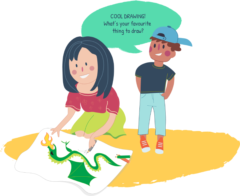 Boy Looking At Girl's Drawing And Saying " - Drawing (1000x692)