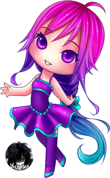 Chibi Girl With Ombre Hair = By Yhuurika - Purple Hair Chibi Girl (386x600)