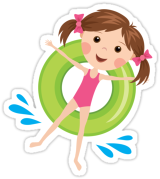 Cute Girl With Brown Hair On A Green Inflatable Ring - Party Favor (375x360)
