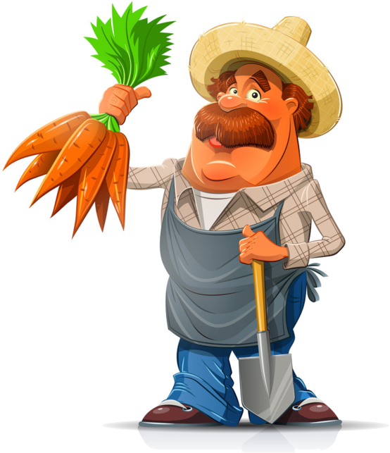 Gardener With Carrot And Shovel Vector Illustration - Farmer Cartoon Characters (600x729)