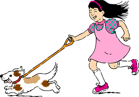 Pet Pets Girl Dog Puppy Running Play Kid C - Girl With Dog Clip Art (484x340)