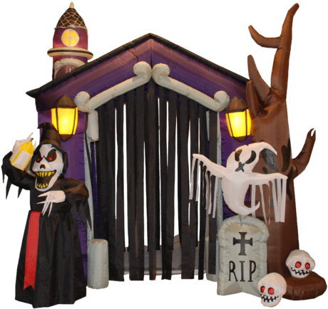 5 Foot Haunted House W/ Skeleton Ghost And Tombstone - Halloween Decorations For Sale (480x452)