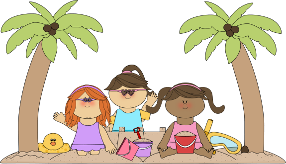 Girls Building A Sandcastle On The Beach - Kids At The Beach Clip Art (575x330)