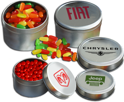 Imprinted Tin Cans Filled With Mike And Ike, Reeses - Tin Candy Containers (431x400)