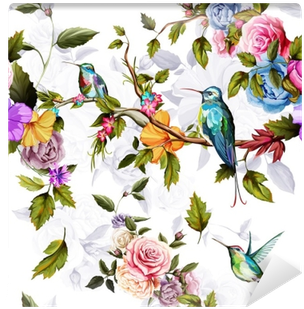 Humming Bird, Roses, Peony With Leaves On White - Papel Con Colibries En Fondo Rosa (400x400)