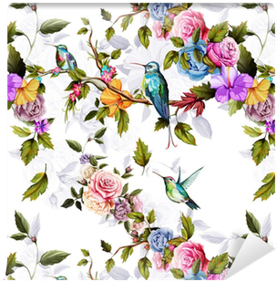 Humming Bird, Roses, Peony With Leaves On White - Papel Con Colibries En Fondo Rosa (400x400)