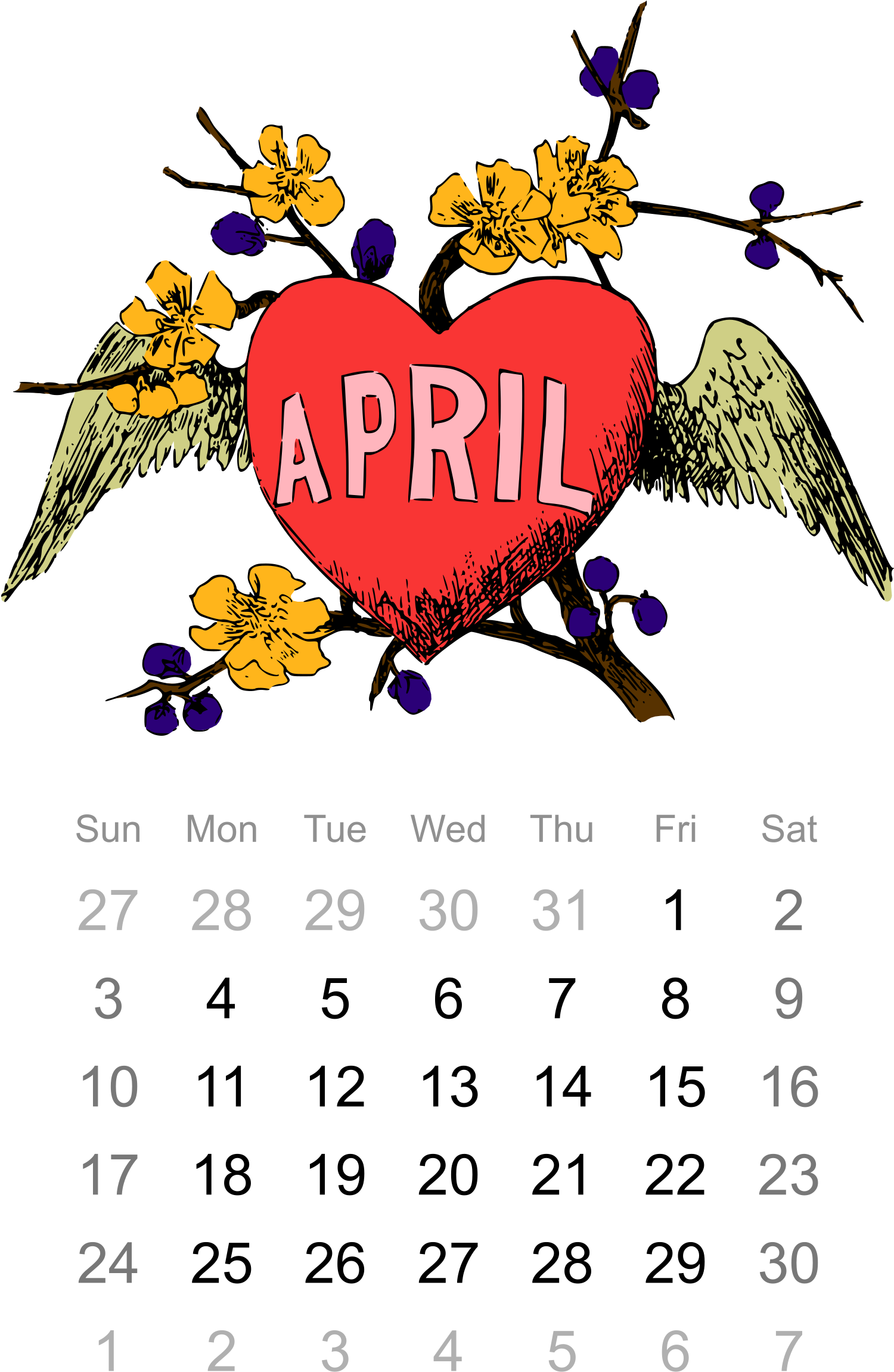 Clipart - Heart W/wings Personalize Wall Calendar (1697x2400)