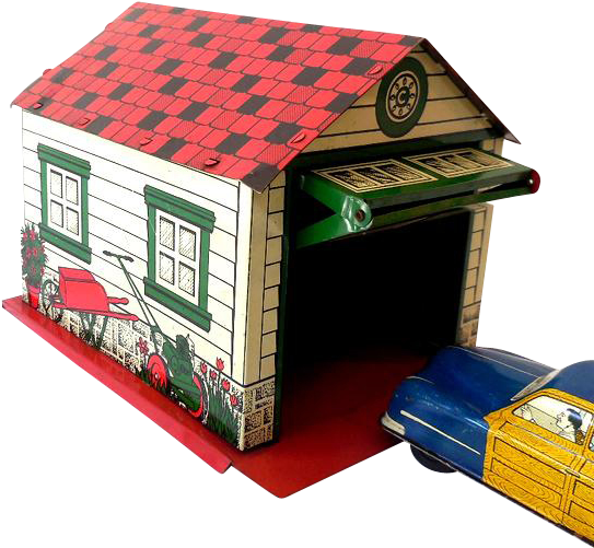 1950s Tin Litho Courtland "automatic Door Garage" Made - House (542x542)