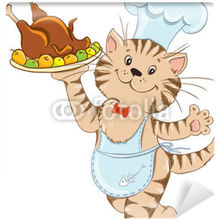 Cartoon Cat Chef With Grilled Chicken - Gatos Chef Animados (400x400)
