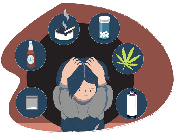 Teen Boy Sitting With His Head In His Hands Surrounded - Drugs And Alcohol (616x475)