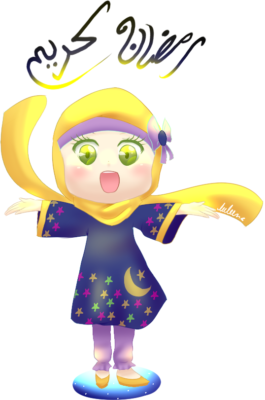 Ramadan Kareem With Little Girl Drawing Image - Ramadan Kareem Art Cartoon (585x856)