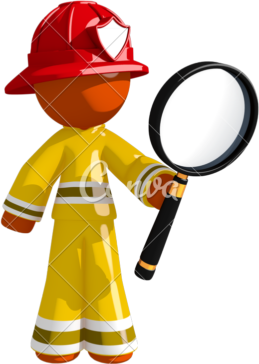 Orange Man Firefighter Looking Through Magnifying Glass - Magnifying Glass (597x800)