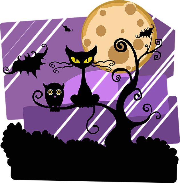 Night, Halloween, Moon, Cat, Tree, Outside, Owl, Bat - Halloween Scene Clip Art (631x640)