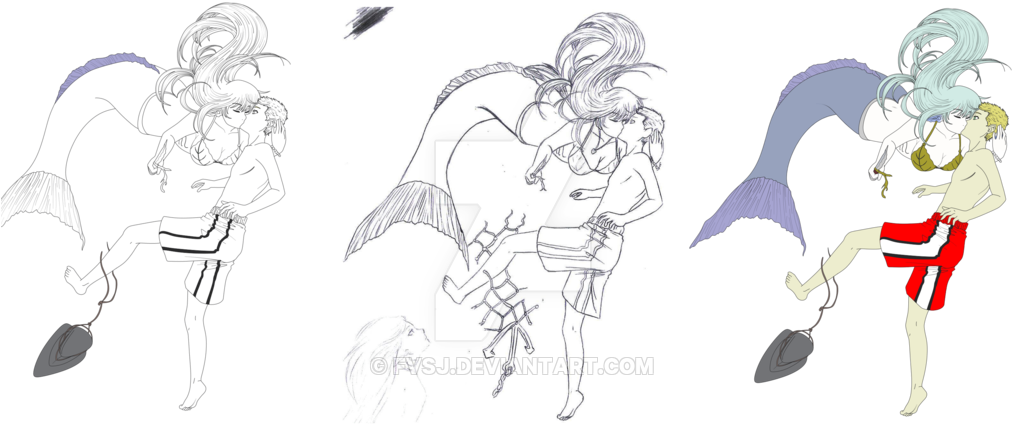 Mermaid Saving Boy Line Art Base Color By Fvsj - Sketch (1024x451)