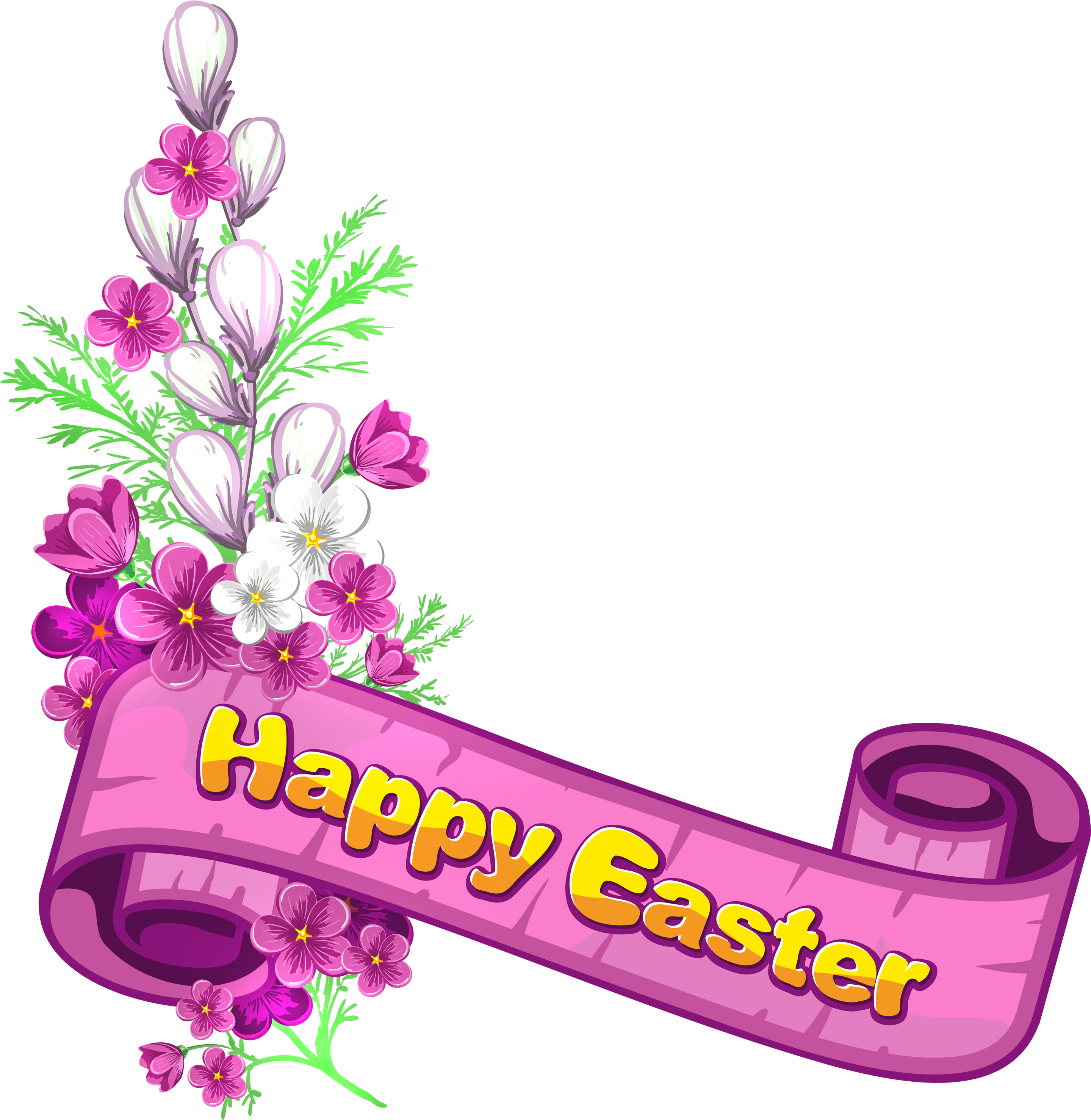 Pink Happy Easter Banner And Flowers - Happy Easter Border Clipart (3000x3103)