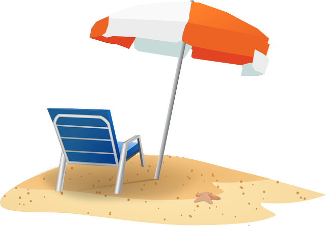 Bathing Beach Ocean Sun Sunny Travel Umbre - Beach Chair And Umbrella Clipart (640x444)
