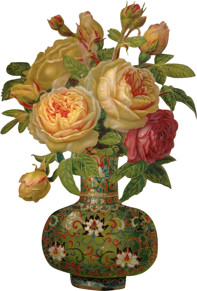 Large Victorian Scrap Fabulous Die Cut Asian Inspired - Victorian Vases With Roses (983x983)
