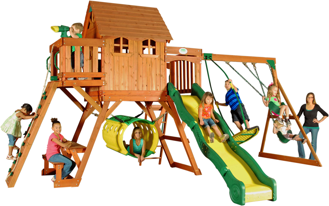 Oxford Swingset With Raised Clubhouse, Multiple Decks, - Kids Club House Window (1200x680)