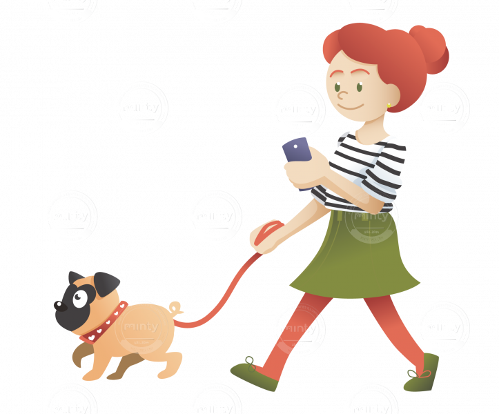 A Redhead Girl Walking With Her Pug And Checking Her - Girl With Pug Clipart (723x600)