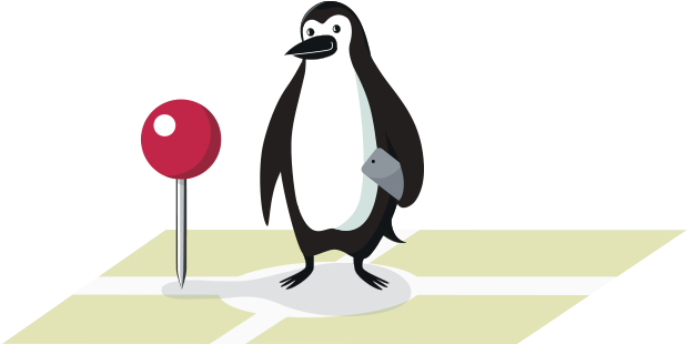 Percy Penguin Standing Next To A Location Marker With - Cibc Percy Gif (634x330)