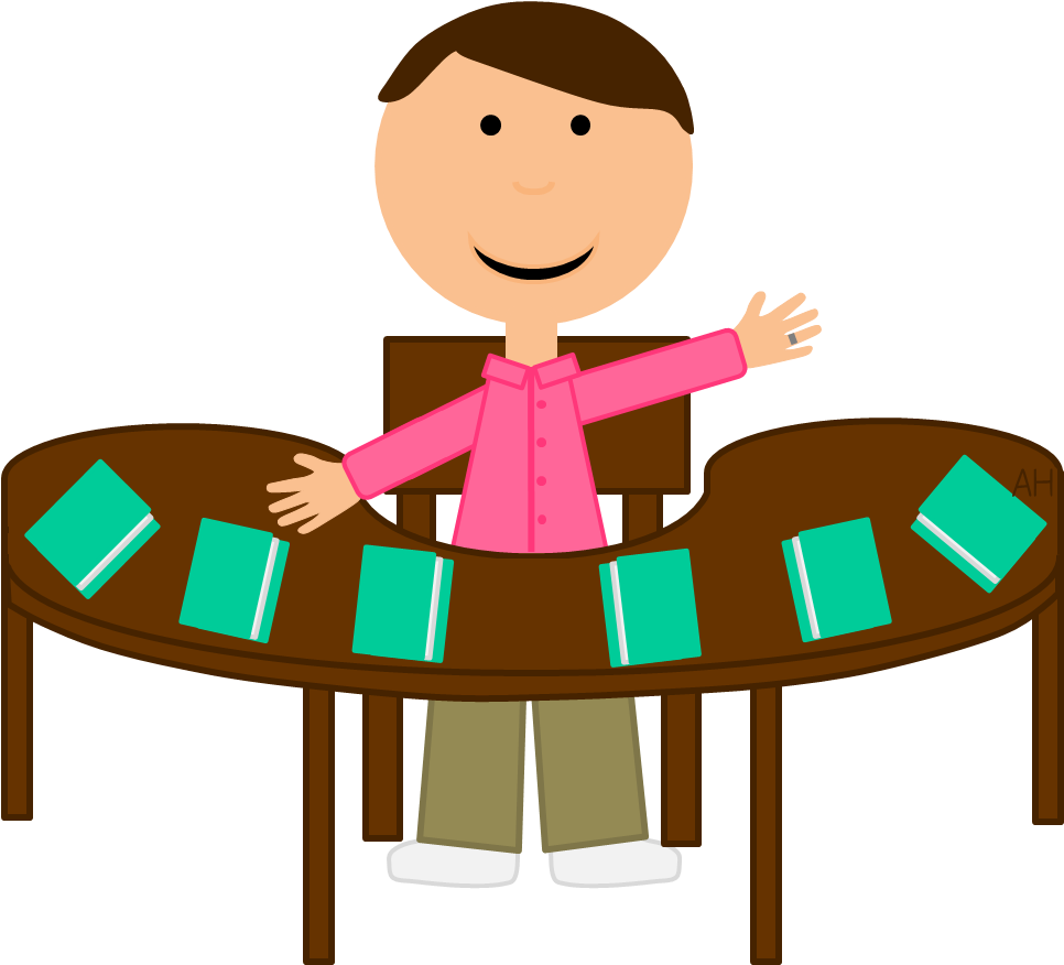 Teacher Sitting At Desk Clipart - Teacher At Table Clip Art (979x875)