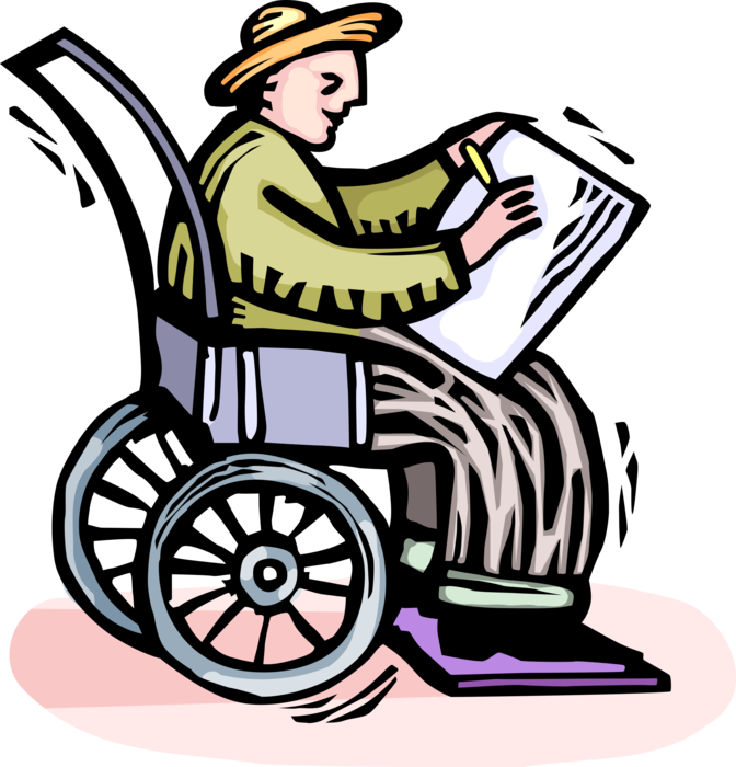Vector Illustration Of Visual Arts Elderly Artist In - Человек В Инвалидной Коляске Рисунок (672x700)