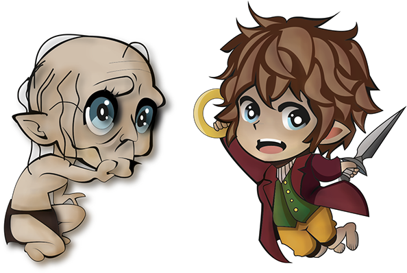 Frodo Gollum Kawaii - Frodo Cartoon Png (600x415)