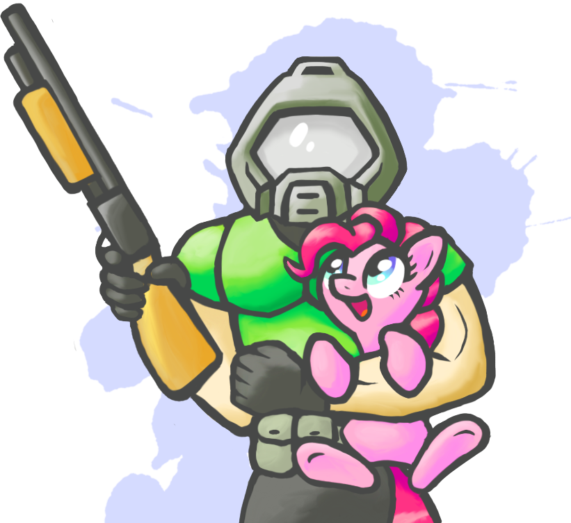 Metax-z, Crossover, Doom, Doomguy, Gun, Holding A Pony, - Doom Pinkie Pie (821x752)