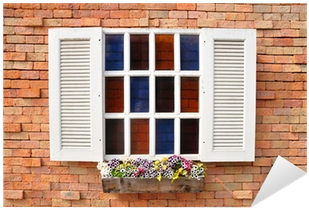 Vinilo Pixerstick Ventana Blanca En La Pared De Ladrillo - Wall (400x400)