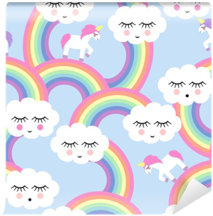 Seamless Pattern With Smiling Sleeping Clouds And Rainbows - Fundo Nuvem E Arco Iris (400x400)